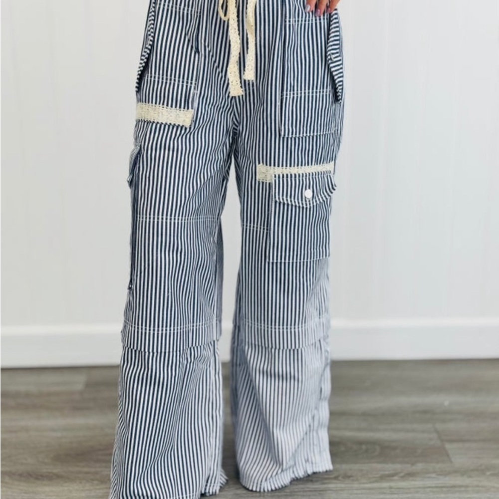 POL Navy and White Striped Denim Wide Leg Cargo Pants- Brand New